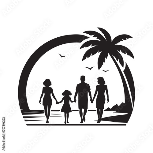 family beach walking vector silhouette clip art logo design illustration