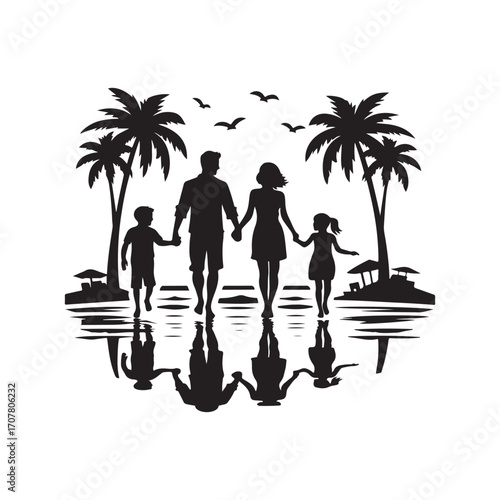 family beach walking vector silhouette clip art logo design illustration