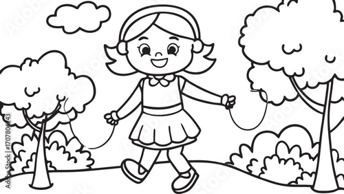 Girl jumping rope in park with trees and clouds outline child skipping