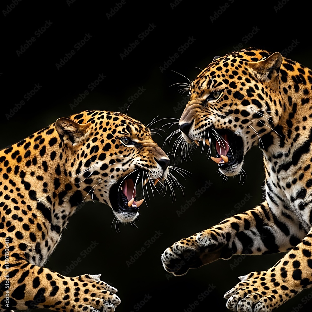 Fototapeta premium Two jaguars face off, showcasing raw power and aggression against a stark black backdrop.
