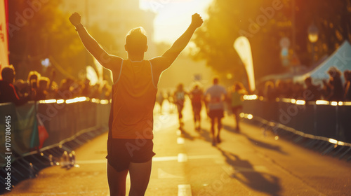 Marathon Runner Triumphant At Sunset