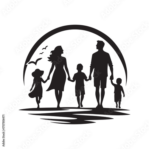 family beach walking vector silhouette clip art logo design illustration
