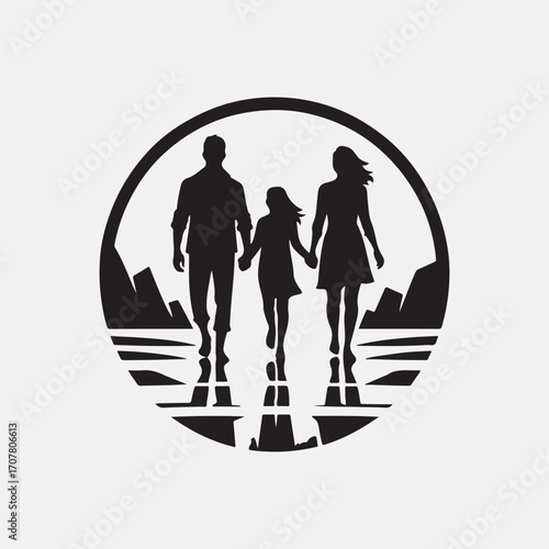 family beach walking vector silhouette clip art logo design illustration