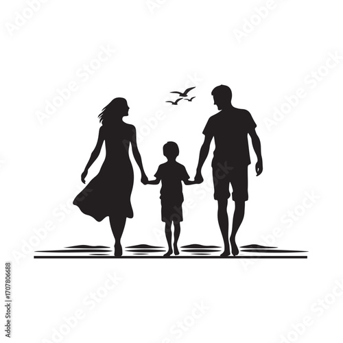 family beach walking vector silhouette clip art logo design illustration