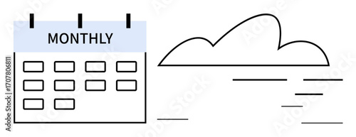Calendar labeled Monthly next to a simple cloud icon. Ideal for scheduling, planning, organization, time management, routine, forecasting, productivity. Clean simple flat metaphor