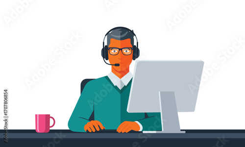 Customer support representative with headset and coffee at computer