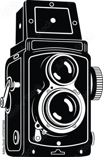 Vintage twin-lens reflex camera black and white illustration, retro photography, old-fashioned camera, analog film camera, classic photo equipment