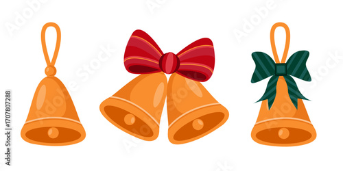Decorative jingle bells set with shiny golden color, red ribbon and green bow.  Traditional winter decoration isolated on white background