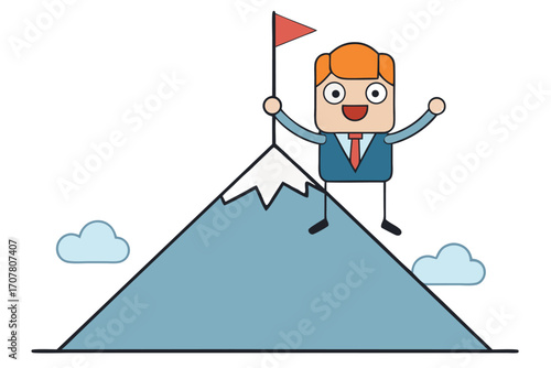Businessman Reaching Mountain Peak with Flag
