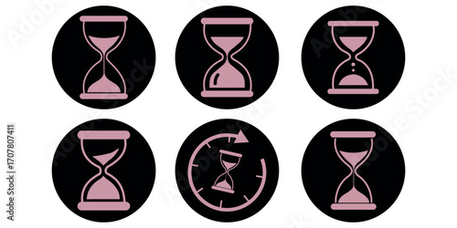 set of sand clock illustrations with varying frames and sand amounts. Hourglass shapes in multiple variations. Vector icon set of hourglasses with falling sand.