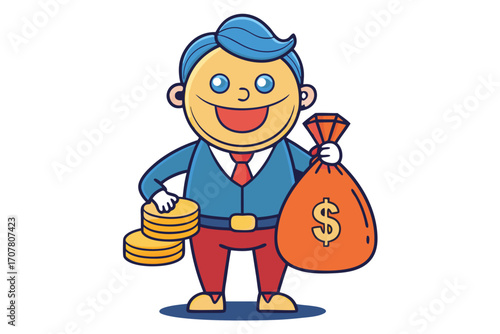 Joyful businessman with money bag and coins celebrates financial success and wealth