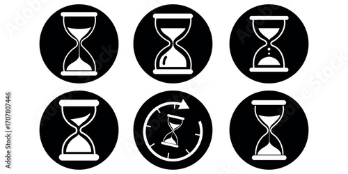 set of sand clock illustrations with varying frames and sand amounts. Hourglass shapes in multiple variations. Vector icon set of hourglasses with falling sand.