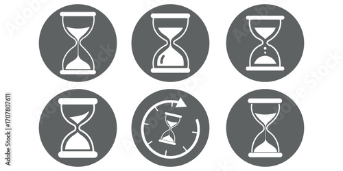set of sand clock illustrations with varying frames and sand amounts. Hourglass shapes in multiple variations. Vector icon set of hourglasses with falling sand.