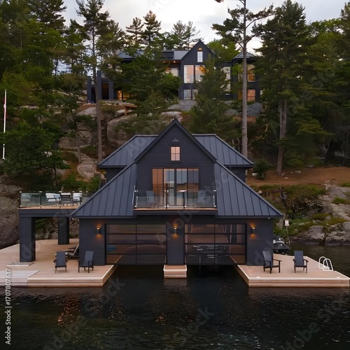 Modern Boathouse and Lakeside Home Nestled Among the Trees at Sunset