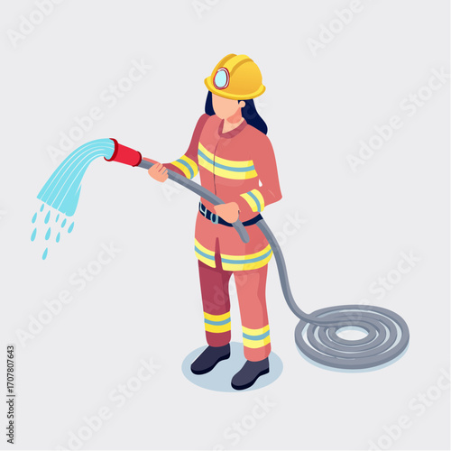 Flat Vector Illustration of Firefighter Character with Hose