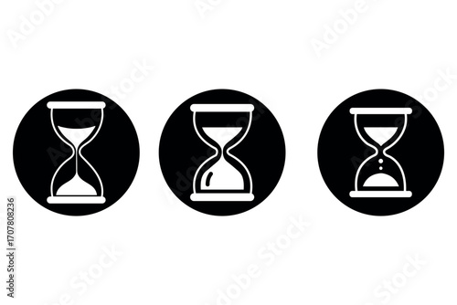 set of sand clock illustrations with varying frames and sand amounts. Hourglass shapes in multiple variations. Vector icon set of hourglasses with falling sand.