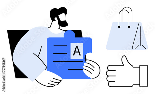 Man holding puzzle piece with document text, shopping bag, and thumbs-up sign. Ideal for solutions, collaboration, shopping, approval, communication, decision-making simple landing page