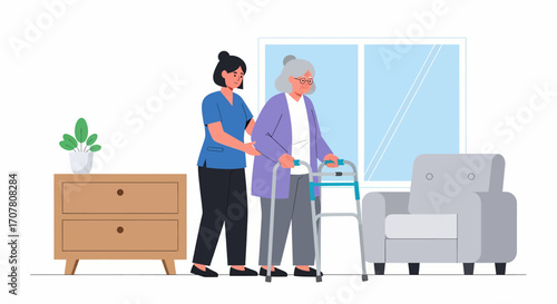 A compassionate caregiver provides steady support to an elderly woman, gently helping her walk with a mobility aid in a brightly lit room.