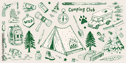 Collection of hand drawn camping gear and outdoor adventure elements with camping club text