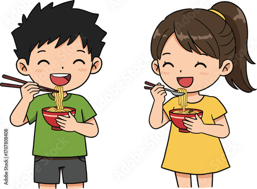 Smiling kids eating noodles, cartoon vector, ramen bowl, children with chopsticks, Asian food, happy meal time, cute food art