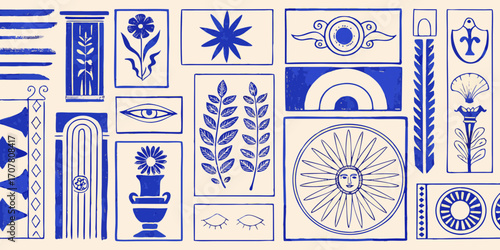 Collection of blue line art icons and symbols on a cream background