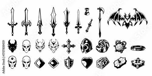 Collection of fantasy game icons featuring swords masks shields and magical items