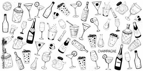 Collection of hand drawn champagne bottles cocktails and celebration drinks in a festive scattered pattern
