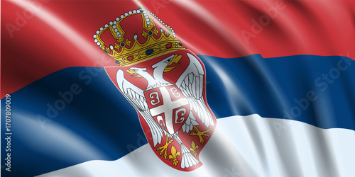 National flag  serbia  flutters. Wavy state of serbian flag 3d. Closeup.