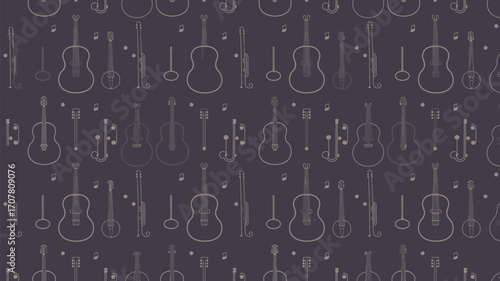 Seamless pattern featuring guitar outlines, violins, and musical notes on a dark background surface