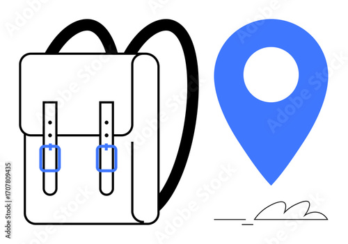 Minimalistic backpack design with blue location pin and path sketch. Ideal for travel, adventure, navigation, exploration, tourism, outdoor activities, logistics, simple flat metaphor