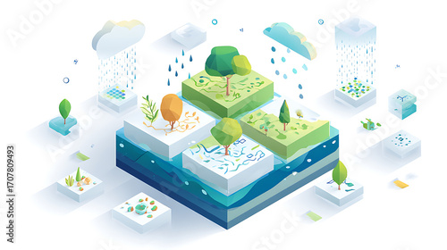 Isometric illustration of water cycle and ecosystem with trees, clouds, rain, and soil layers