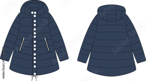 Winter padded coat vector flat sketch, hooded puffer jacket front and back view, fashion outerwear template for cold weather design