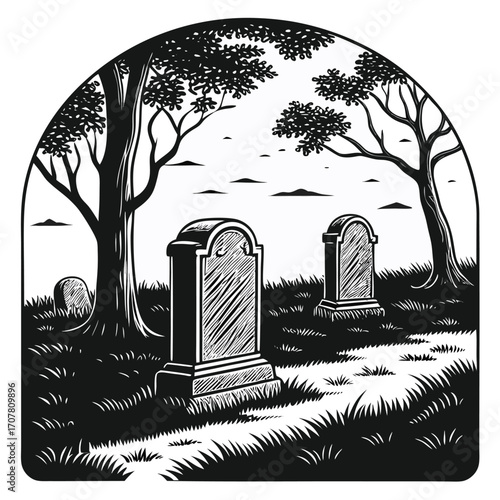 Monochrome graveyard shows gravestones under trees in a peaceful, somber black and white art