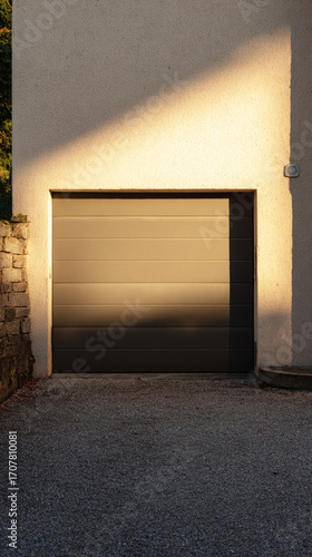 A garage door stands prominently against a textured wall, featuring sleek design elements and subtle shadows from the afternoon light, augmenting the home curb appeal