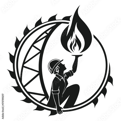 Silhouette of a worker holding a flame with an oil rig and gear, symbolizing industry and hard work