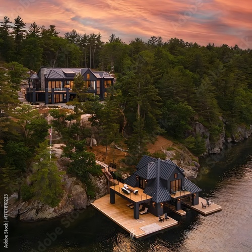 Stunning Lakeside Home Amidst Lush Forest at Sunset