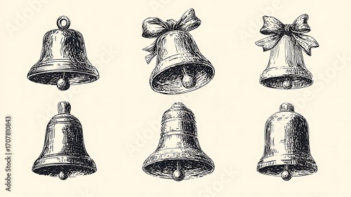 Six HandDrawn Bell Illustrations Vintage Style Christmas Bells