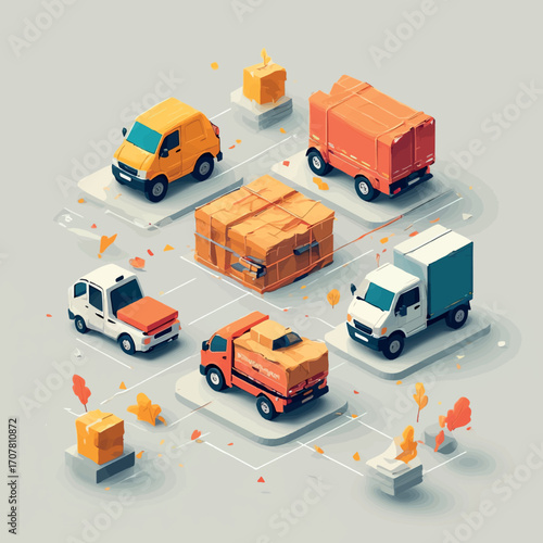 An innovative concept of a streamlined logistics network featuring delivery trucks, cargo, and packages in an isometric layout