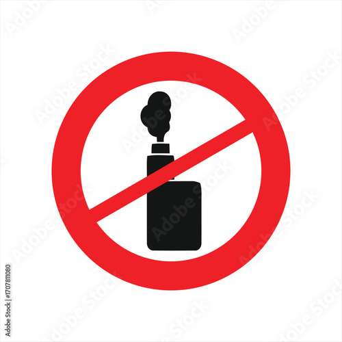 A graphic sign indicating that vaping or e-cigarette use is prohibited, featuring a black vape pen emitting vapor inside a red crossed-out circle.