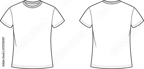 Women’s slim fit crew neck t-shirt template front and back, blank female tee mockup, fashion sketch, apparel vector design