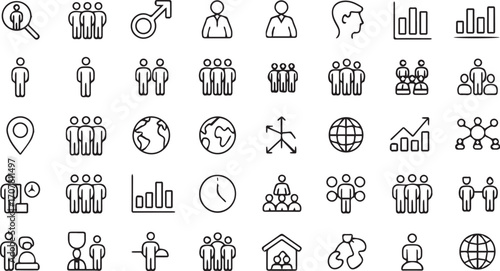 Set of 40 black and white line art icons representing people business and data analysis silhouette