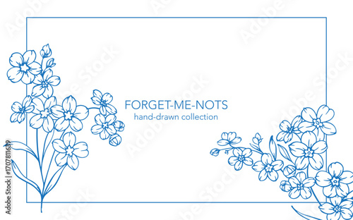 Forget me not flower drawing. Horizontal template with forget-me-nots frame. Floral Line Art Graphics. Hand Drawn Outline Flowers. Botanical Silhouette Drawing. Floral Illustration