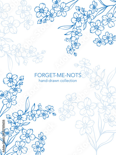 Forget me not flower drawing. Vertical template with forget-me-nots frame. Floral Line Art Graphics. Hand Drawn Outline Flowers. Botanical Silhouette Drawing. Floral Illustration