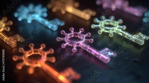 Abstract visualization of antibodies resembling glowing keys in vib...