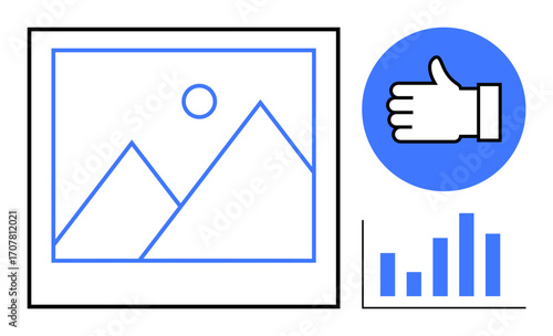 Framed mountain image, thumbs-up engagement icon, and bar graph chart highlight key visual elements. Ideal for digital marketing, social media, content engagement, analytics, strategy, online