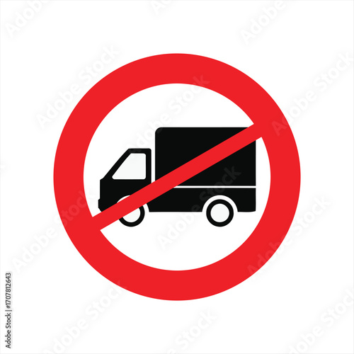 No trucks allowed traffic sign with a red circle and a black truck with a red line through it.