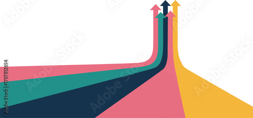 Minimalist graphic design abstract arrows showing growth and direction towards a common goal silhouette