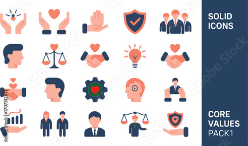 Set of 18 minimalist flat core values icons for business and professional use silhouette