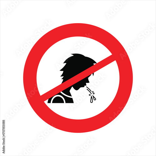A 'no spitting' prohibition sign featuring a black silhouette of a person spitting within a red crossed-out circle.