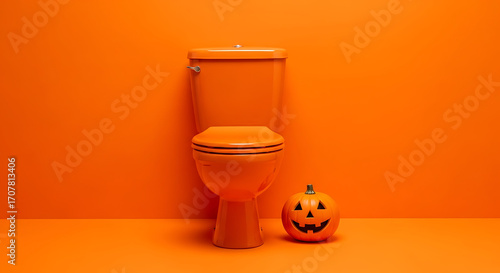 A monochromatic orange scene featuring a toilet and a jack o lantern against an orange background